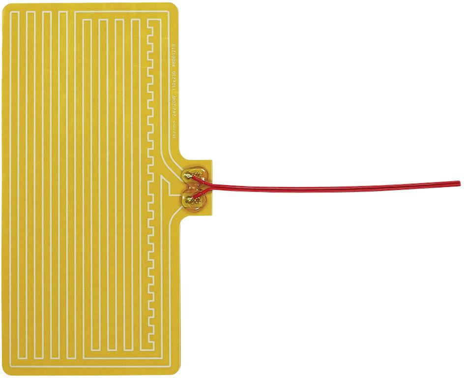 Verwarmingselement gemaakt van flexibel, geel materiaal met rode draden voor aansluiting. Geschikt voor toepassingen die gelijkmatige warmte vereisen.