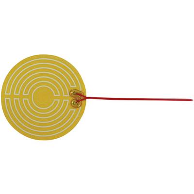 Een ronde, gele verwarmingsfilm met een spiraalvormig, wit verwarmingspatroon en twee rode aansluitkabels die dienen voor de stroomvoorziening.