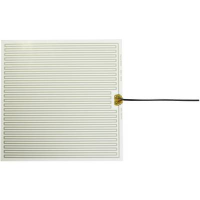 Een rechthoekig warmtekussen met dunne parallelle lijnen en een kabel aan de zijkant voor stroomvoorziening.