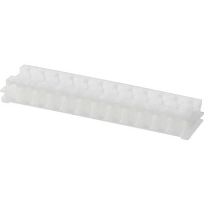 Witte, langwerpige, geprofileerde kunststof component; vermoedelijk een verbindingsstuk of modulebehuizing.