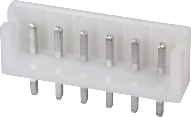 Een witte elektrische stekker met zes metalen pennen die parallel aan elkaar zijn gerangschikt.
