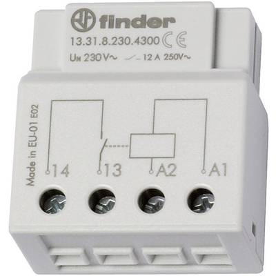 Een wit elektrisch relais van 'Finder' met technische specificaties: 230V, 12A, aansluitingen J4, J3, A2, A1, schakelschema afgedrukt.