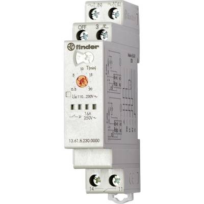 'Tijdschakelrelais met instelschaal en elektrisch schakelschema, geschikt voor 110-230 V, tot 16 A. Merk- en modelaanduiding zichtbaar.'
