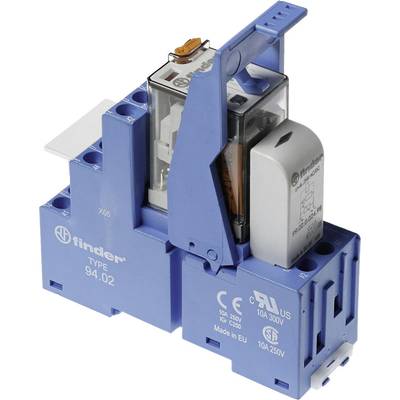 Een blauw elektromechanisch relais met meerdere elektrische aansluitingen en een transparante behuizing die de interne componenten zichtbaar maakt.