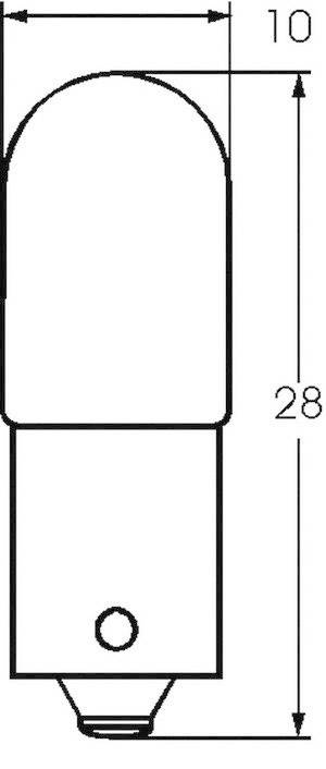 Een technische tekening van een gloeilamp met de afmetingen: 10 millimeter breedte en 28 millimeter hoogte.