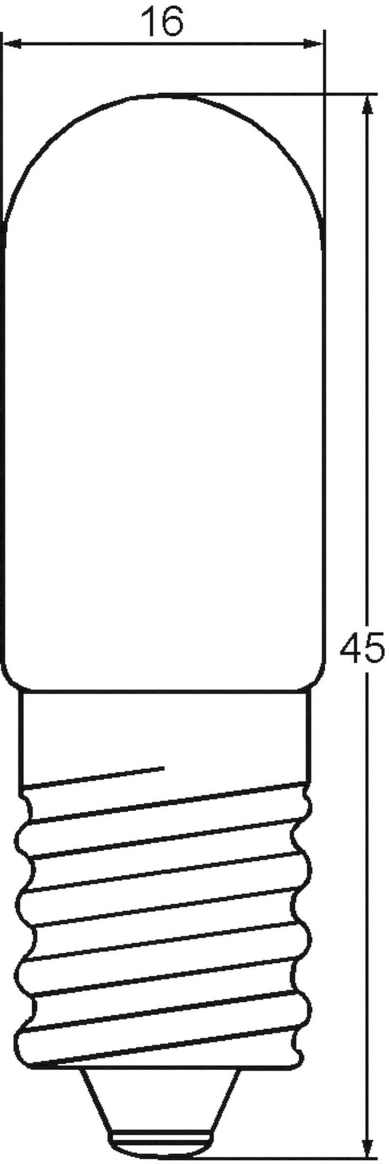 Technische tekening van een gloeilamp met bajonetfitting. Afmetingen: 16 mm diameter, 45 mm lengte.