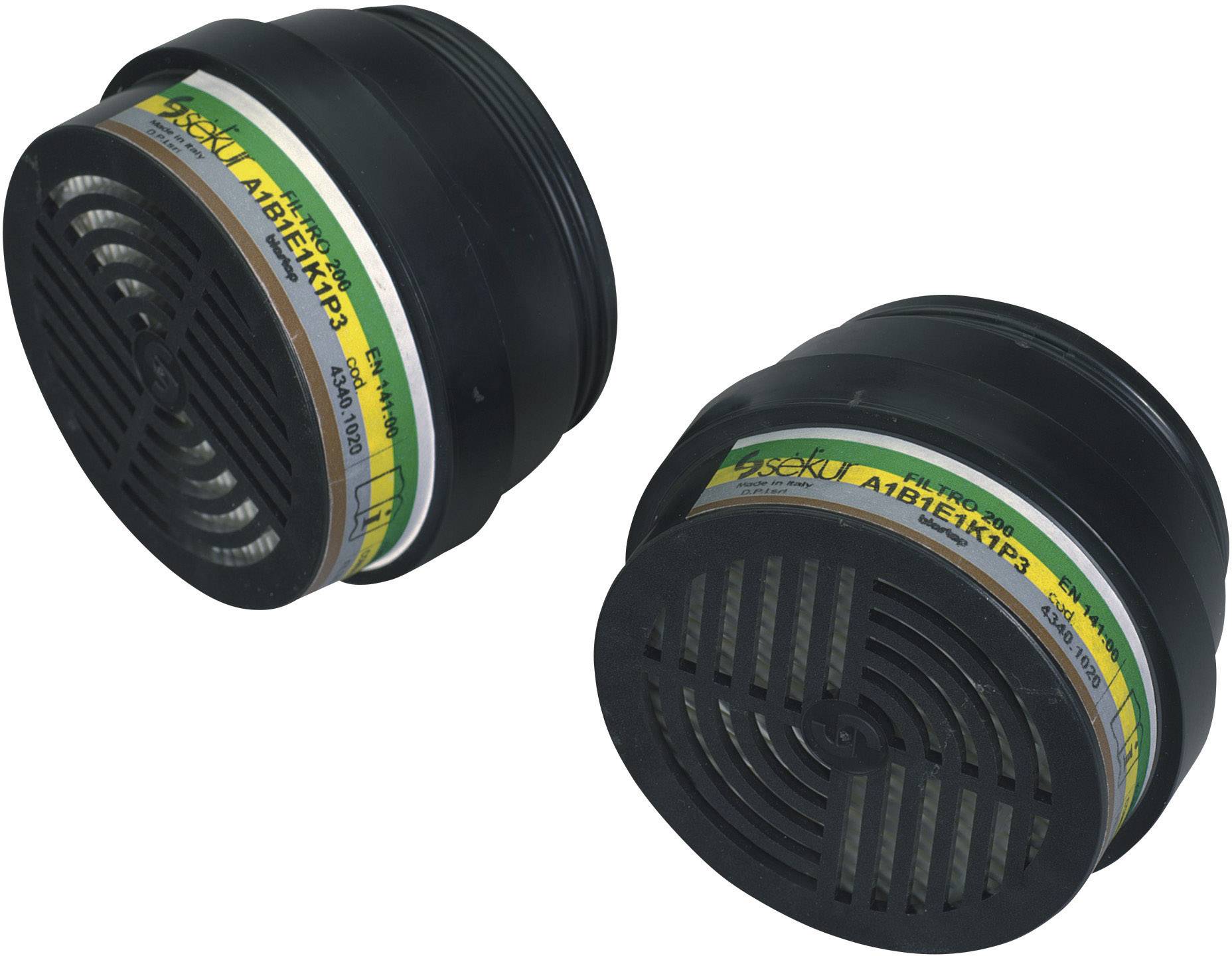 Twee ronde ademhalingsfilters in het zwart, met gele en groene strepen, bedoeld voor gebruik met ademhalingsmaskers.