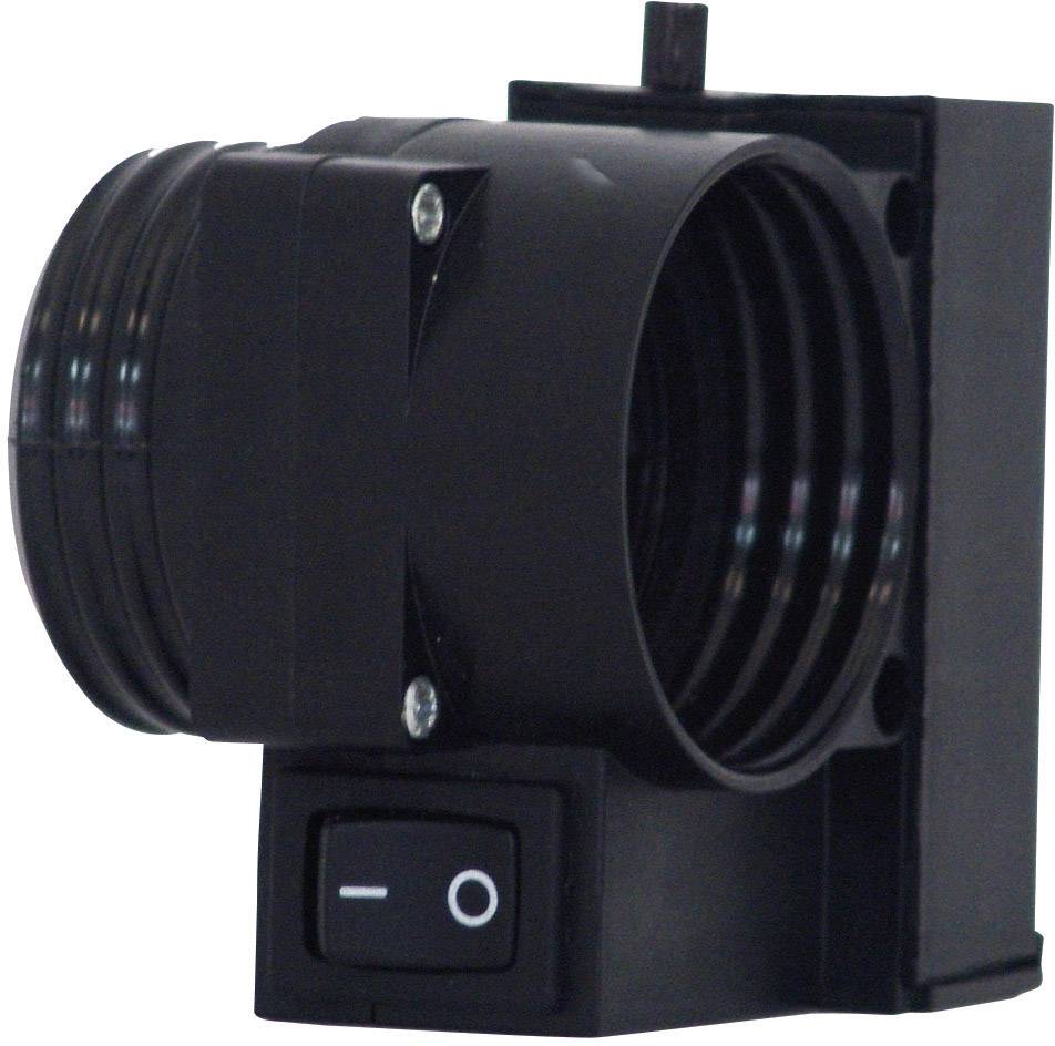 Een zwarte schakelaar met een rond lampbehuizing, gemonteerd op een rechthoekige basis, toont een aan/uit-schakelaar aan de voorkant.