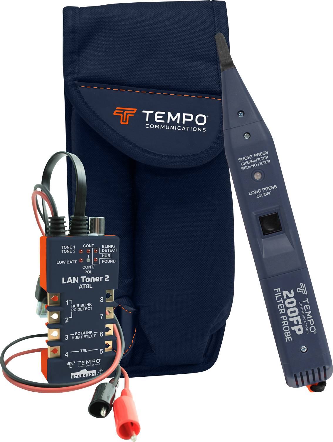 'LAN Toner' en 'Noise Probe' van Tempo Communications met tas. Bedoeld voor het testen en traceren van netwerkkabels en signalen.