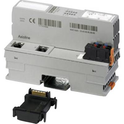 Een grijze industriële controle-eenheid met aansluitingen en een apart adapterstuk, geschikt voor DIN-railmontage.