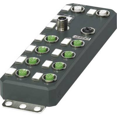Een rechthoekig elektronisch apparaat met meerdere groene en zwarte aansluitpoorten, waarschijnlijk bedoeld voor industriële toepassingen.