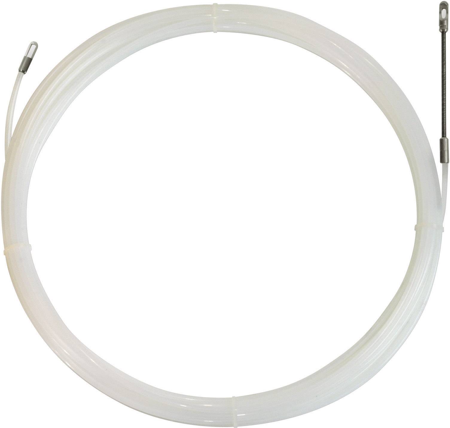 Een wit, flexibel kabel met ogen aan beide uiteinden, waarschijnlijk een trekkabel voor kabelinstallaties.