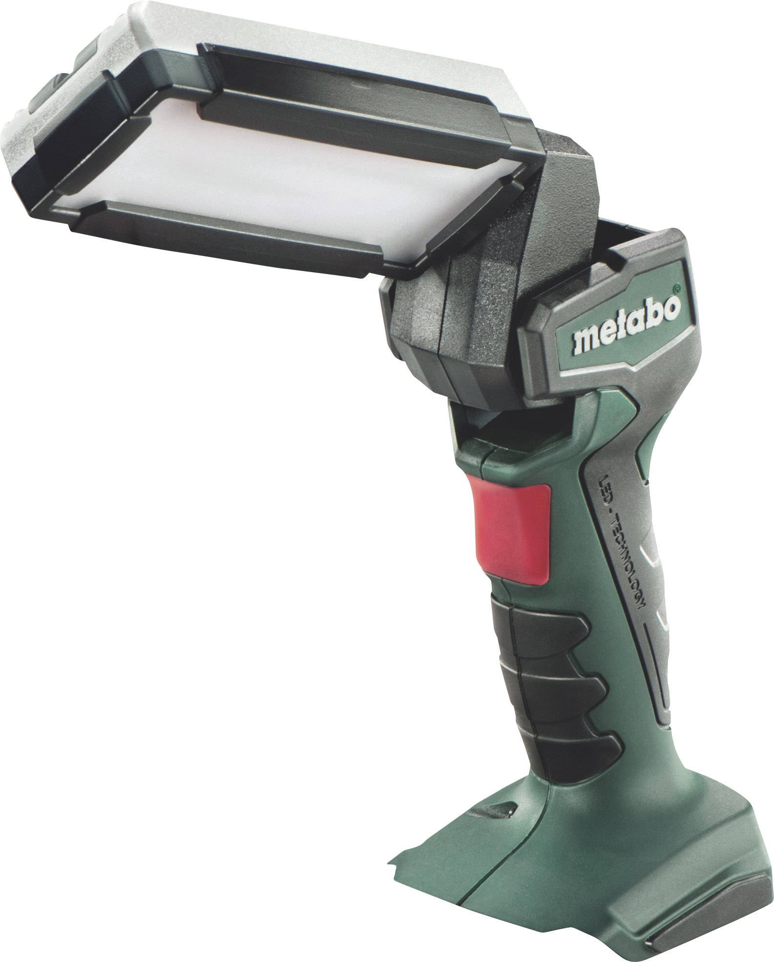 Oplaadbare handlamp met draaibare kop en rode schakelaar. Merk 'Metabo'. Robuust ontwerp, ideaal voor werkruimtes met variabele verlichting.