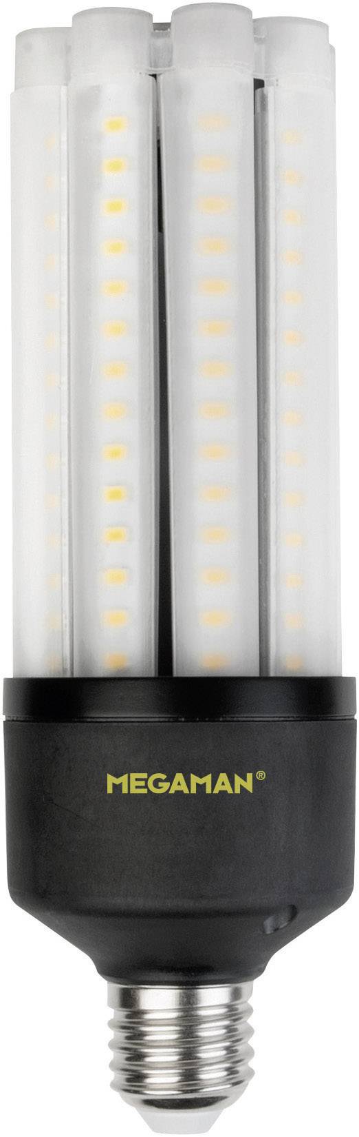 Energiebesparende LED-lamp in buisvorm met schroefaansluiting, merk 'MEGAMAN', tegen witte achtergrond.
