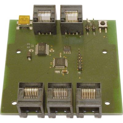 Een groen moederbord met meerdere elektrisch verbonden RJ-12-aansluitingen en elektronische componenten voor netwerktoepassing.