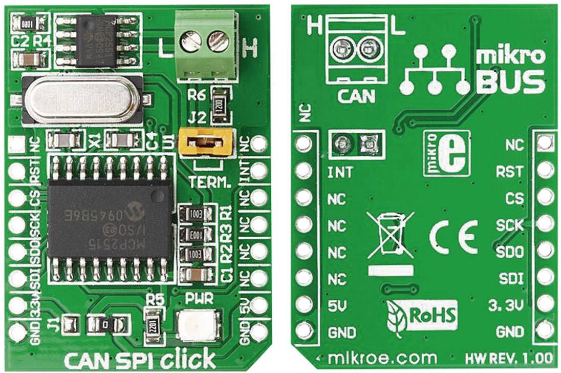 'Printplaat met elektronische componenten en aansluitingen; gemarkeerd met CAN en SPI; bevat microcontroller en programmeerpennen.'