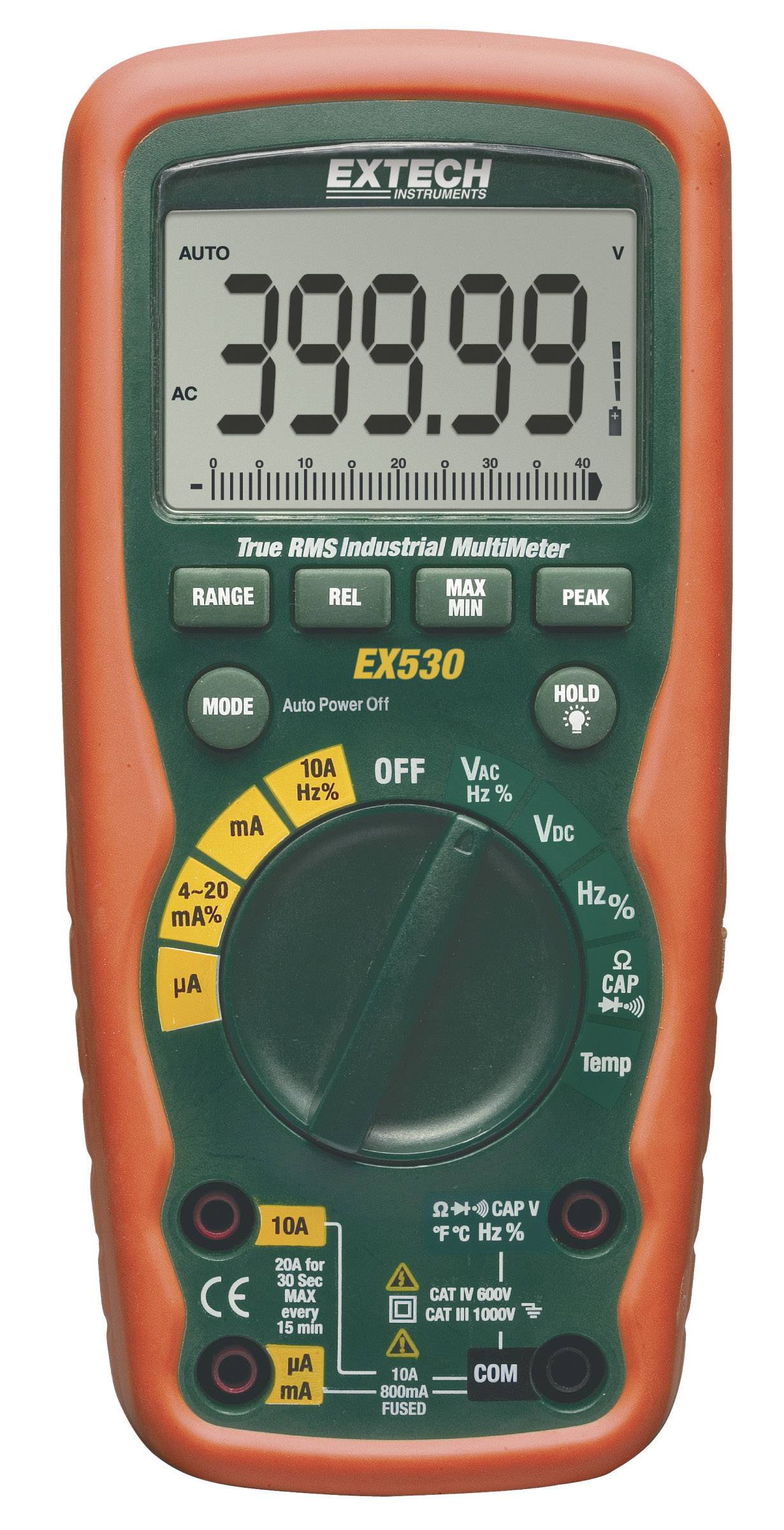 Een digitale multimeter toont een meetwaarde van 399,99 op het display. Het heeft verschillende instellingen voor spanning, stroom en weerstand.
