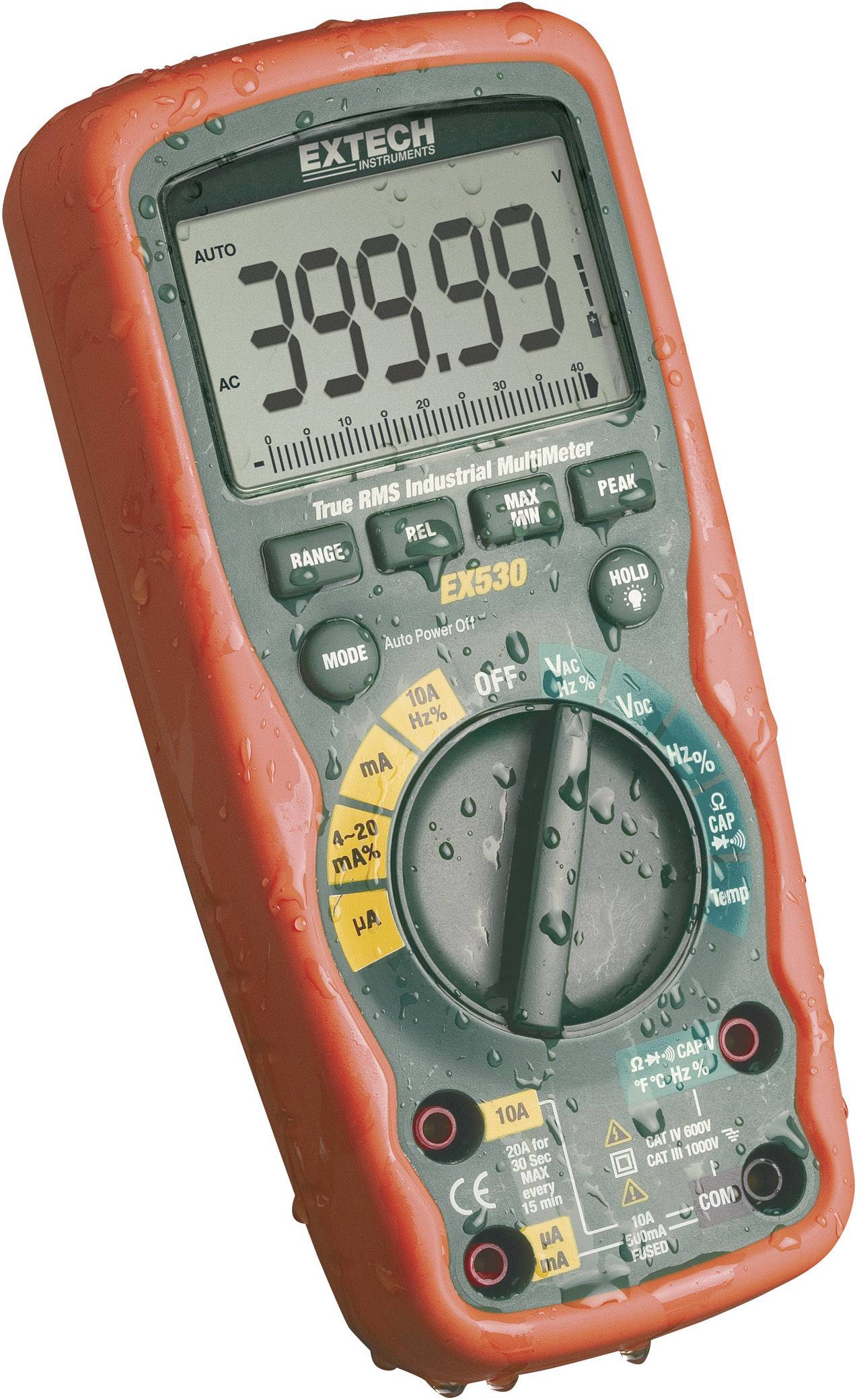 Een digitale multimeter met een groot display toont 399,99. Het apparaat heeft een rode rubberen omranding en waterdruppels erop.