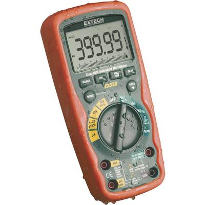 Een digitale multimeter met een groot display toont 399,99. Het apparaat heeft een rode rubberen omranding en waterdruppels erop.