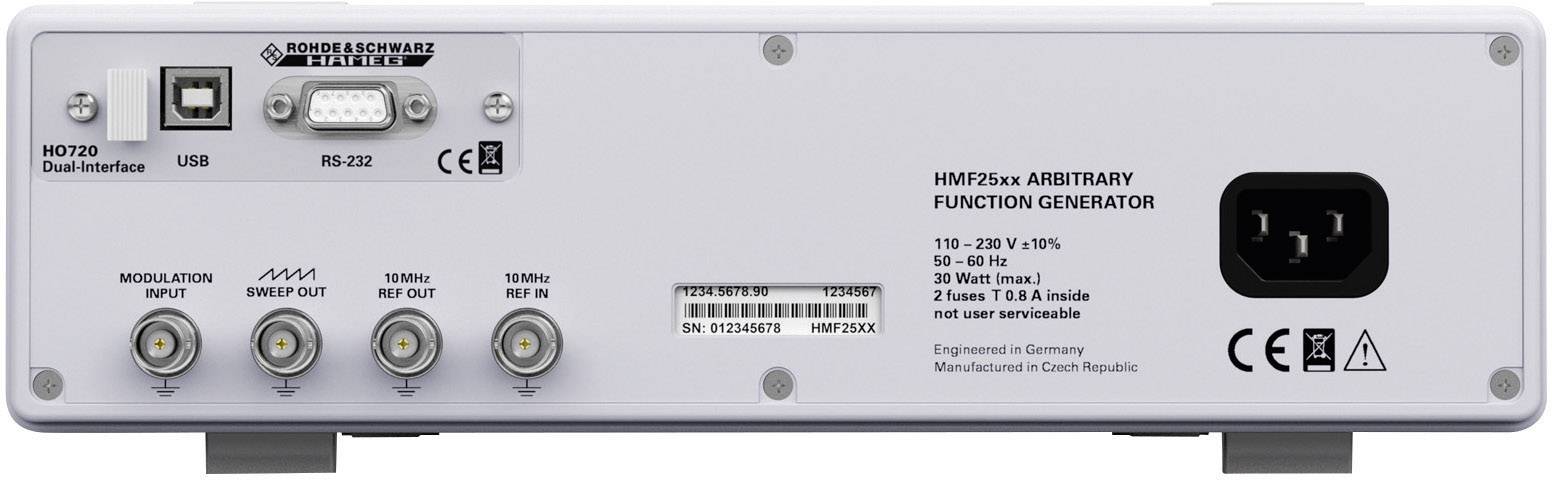Achterzijde van een Arbitrary Function Generator, modelnaam 'HM8125xx', met USB, RS-232, modulatie- en netaansluitingen.