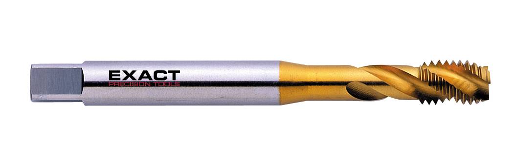 Een zilveren en gouden draadtap met het opschrift 'EXACT' aan de zijkant, gebruikt voor het snijden van schroefdraad in metaal.
