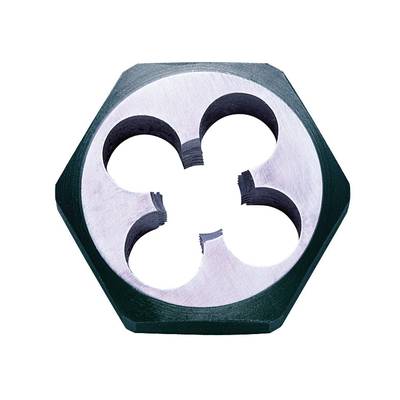 Een zeskant snijijzer met vier ronde uitsparingen in het midden, gebruikt voor het snijden van schroefdraad op metalen materialen.
