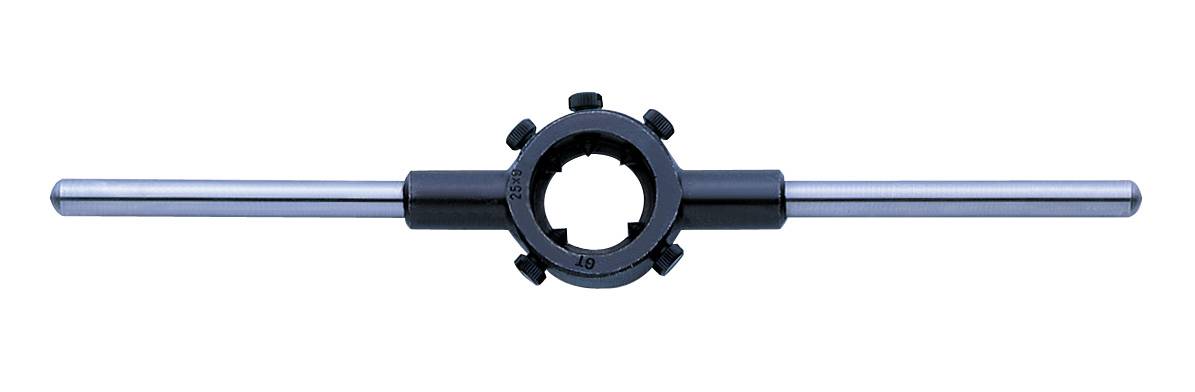 Een draadsnijgereedschaphouder met twee handgrepen, te gebruiken met een draadsnijder om nauwkeurige schroefdraad op buizen of staven te snijden.