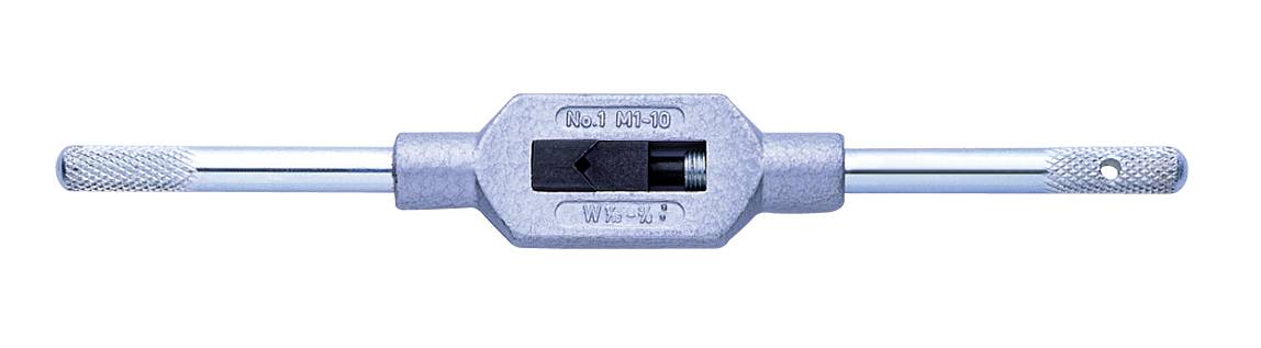 Een metalen taphouder, horizontaal gepositioneerd, met gekartelde handgrepen aan beide uiteinden voor een betere grip.