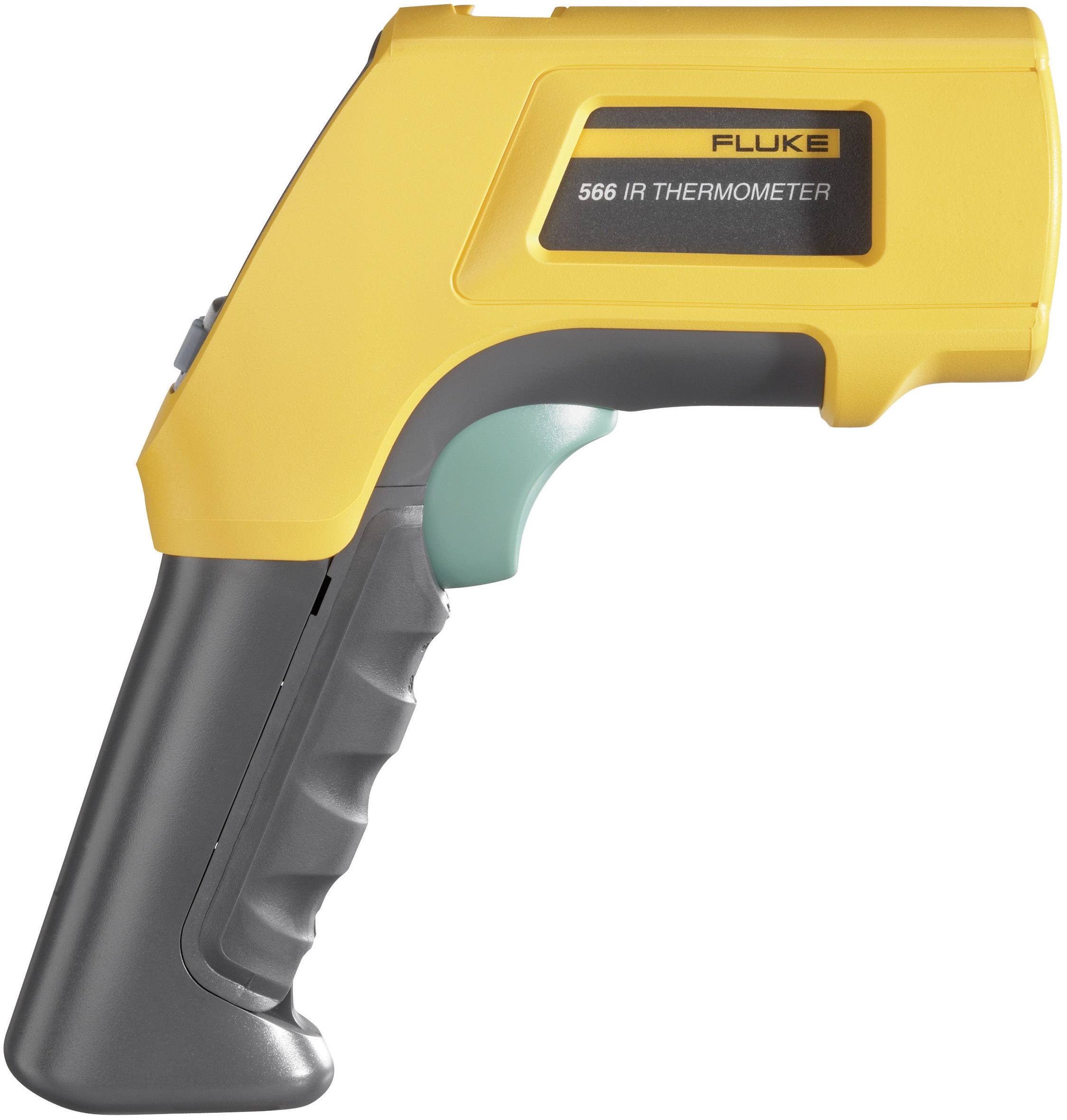Een geel, handgehouden infrarood-thermometer van het merk Fluke, model '566 IR Thermometer', voor contactloze temperatuurmeting.