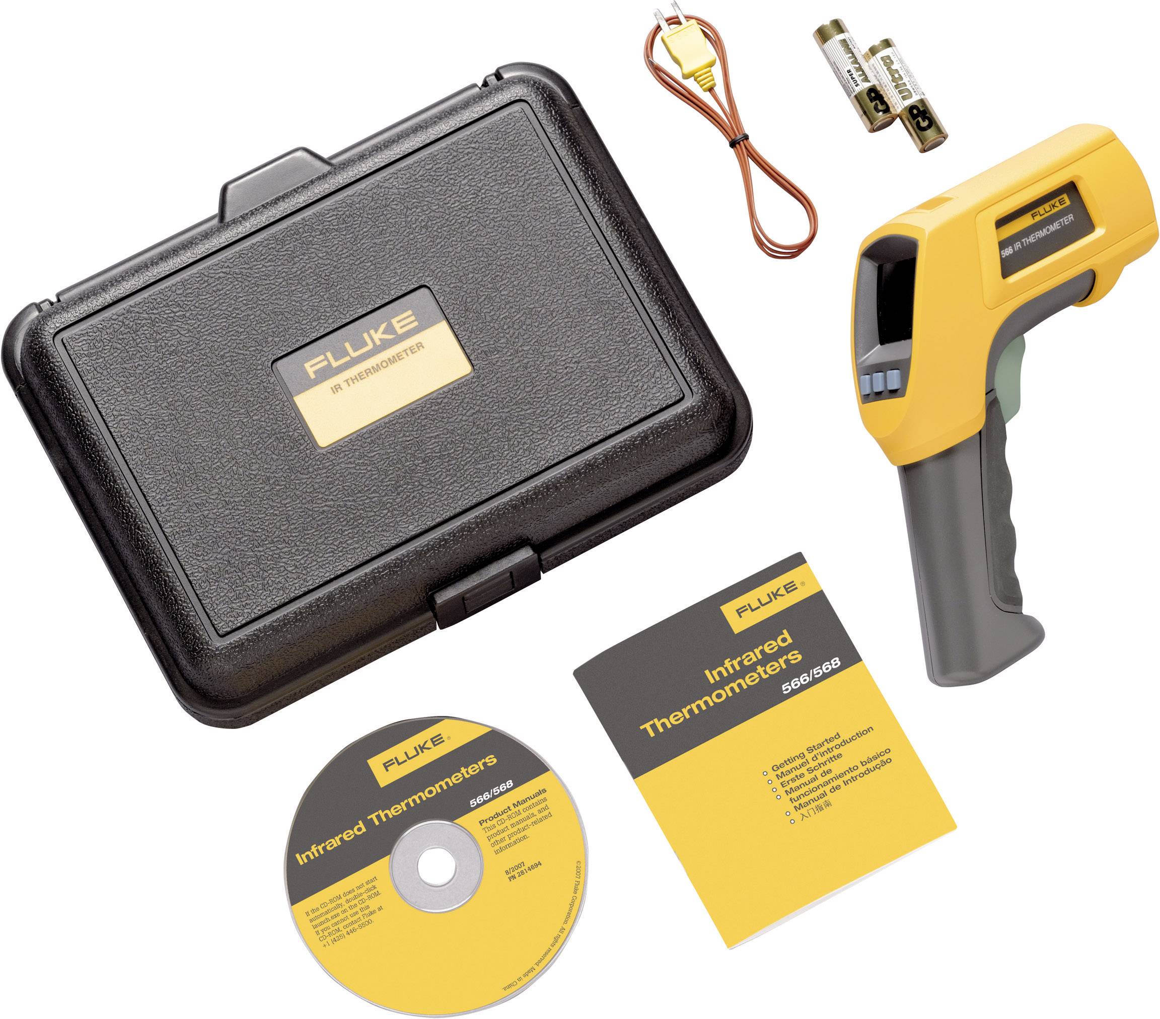 Infrarood-thermometer set met apparaat, gebruiksaanwijzing, cd, batterijen, kabel en harde draagkoffer. Ideaal voor nauwkeurige temperatuurmetingen.