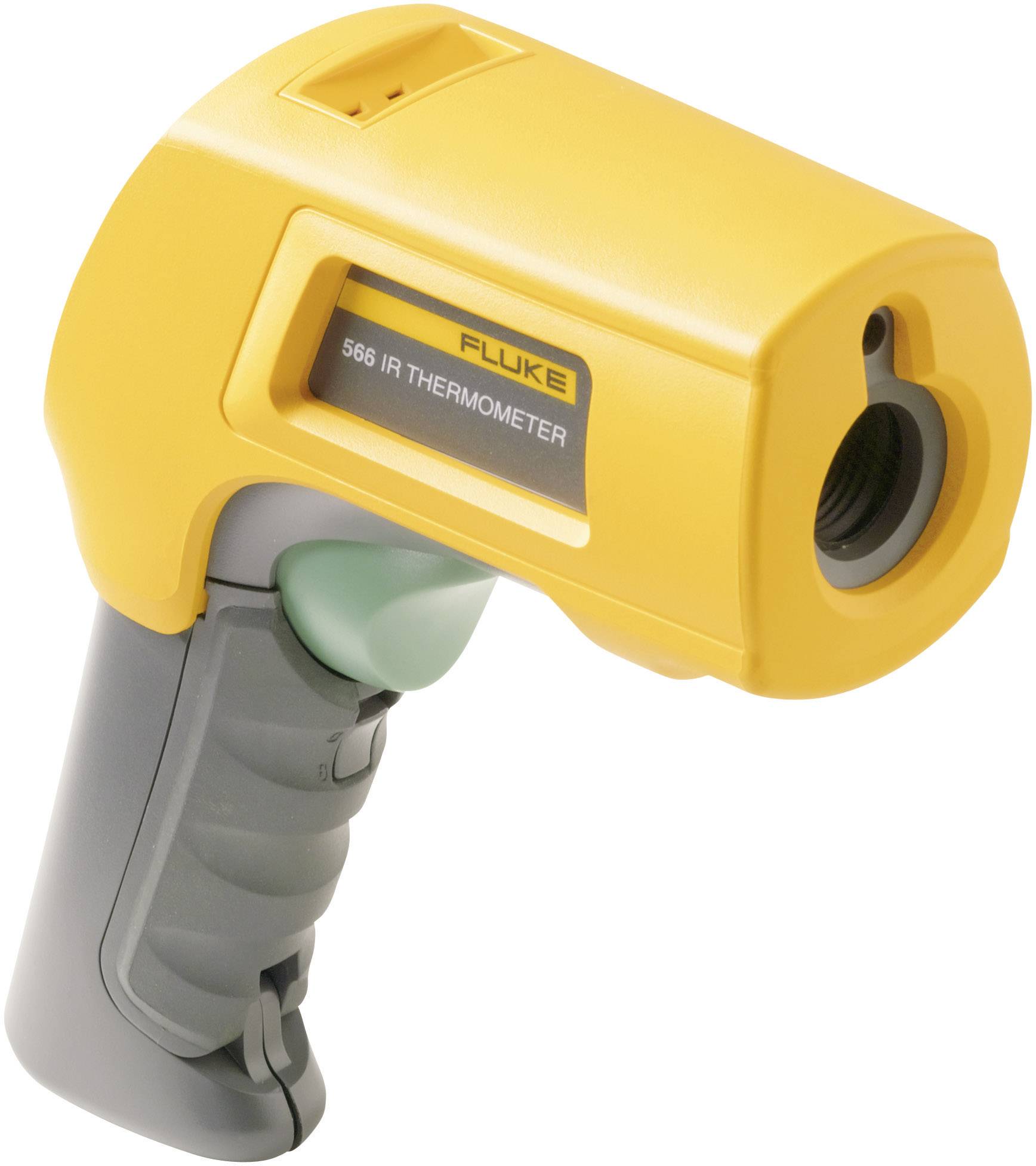 Een geel infrarood-thermometer met grijze handgreep, merknaam 'Fluke', voor het meten van temperatuur op afstand.