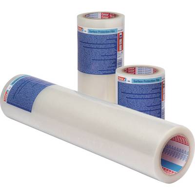 Drie rollen doorzichtige oppervlaktebeschermingsfolie met blauwe etiketten, staand en liggend, op een witte achtergrond.