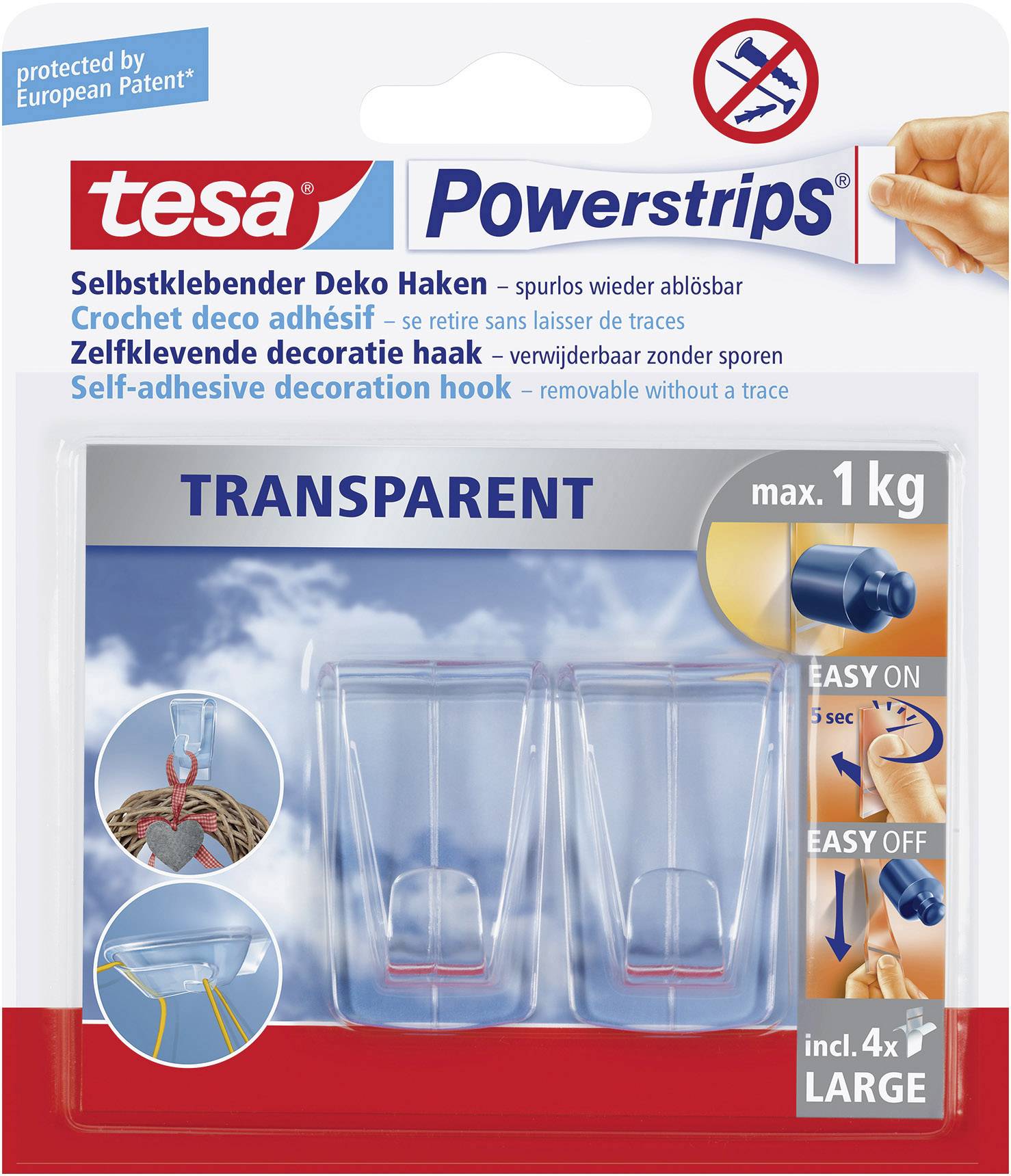 Verpakking van 'tesa Powerstrips' met transparante, zelfklevende decoratieve haken voor lasten tot 1 kg. Bevat 4 grote haken.