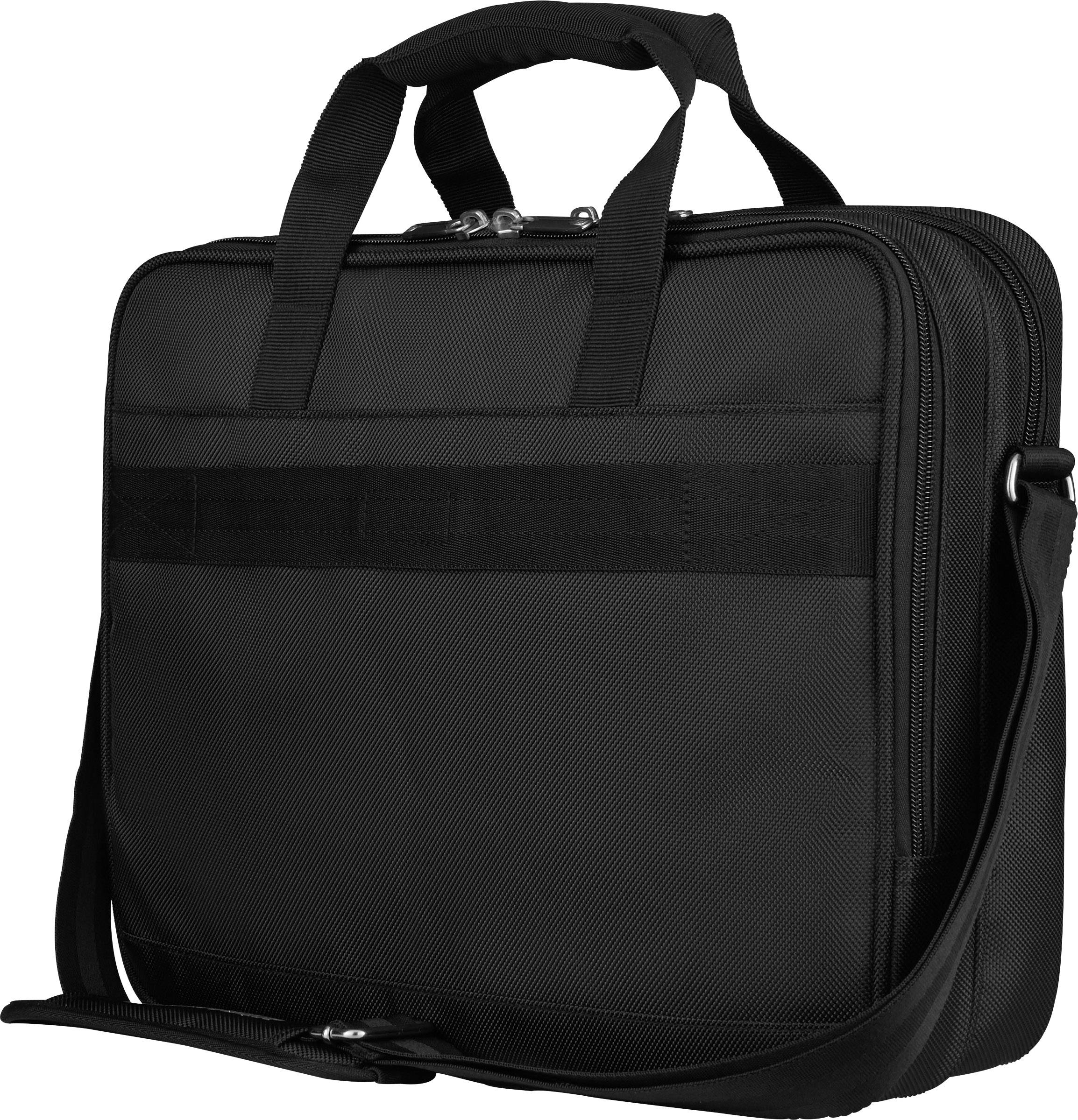 Zwarte laptoptas met korte handgrepen en afneembare schouderband. Stevige constructie, geschikt voor het vervoeren van elektronische apparaten.