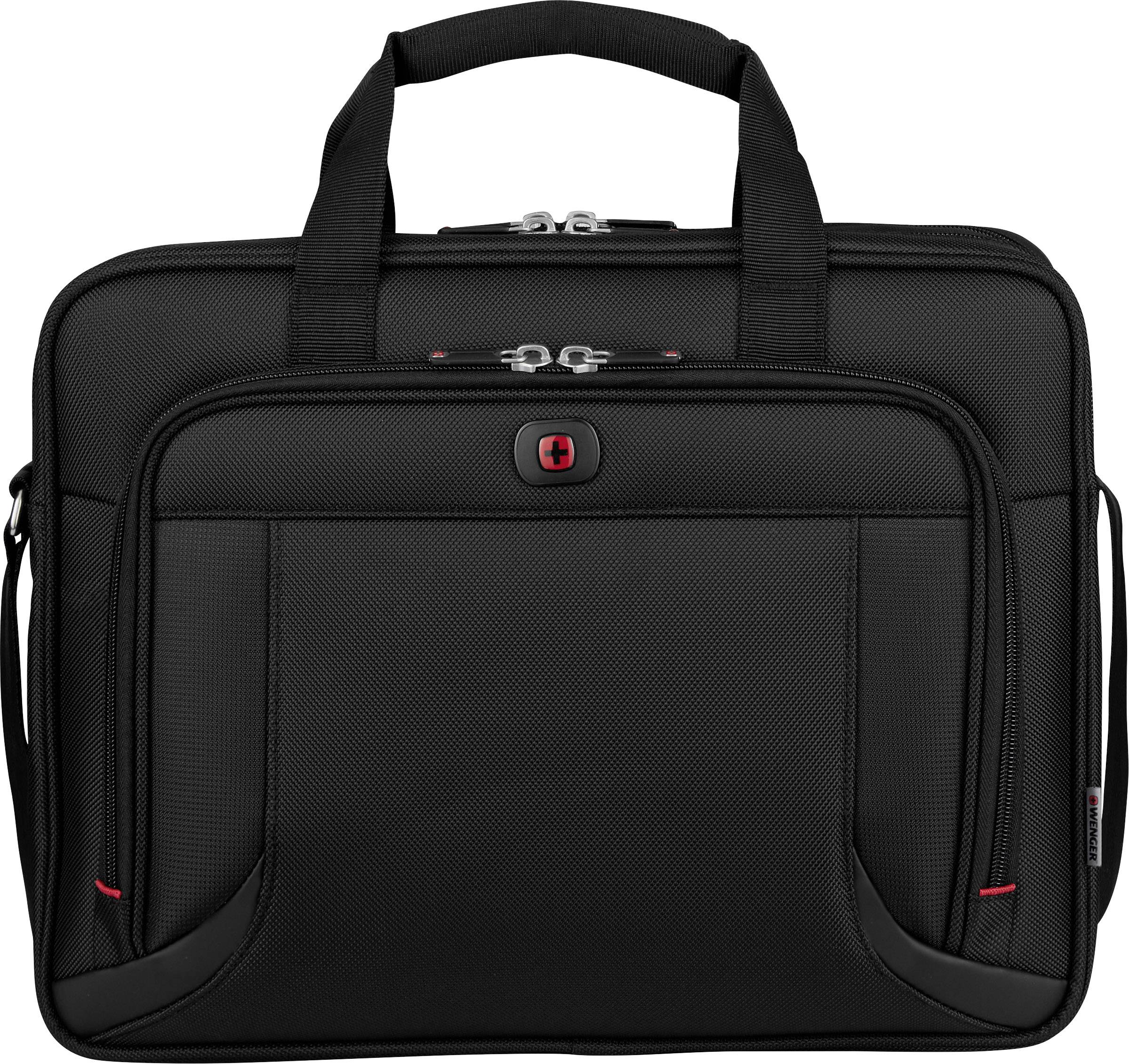 Zwarte laptoptas met twee handgrepen en meerdere ritsluitingen, geschikt voor het vervoeren van laptops en toebehoren.