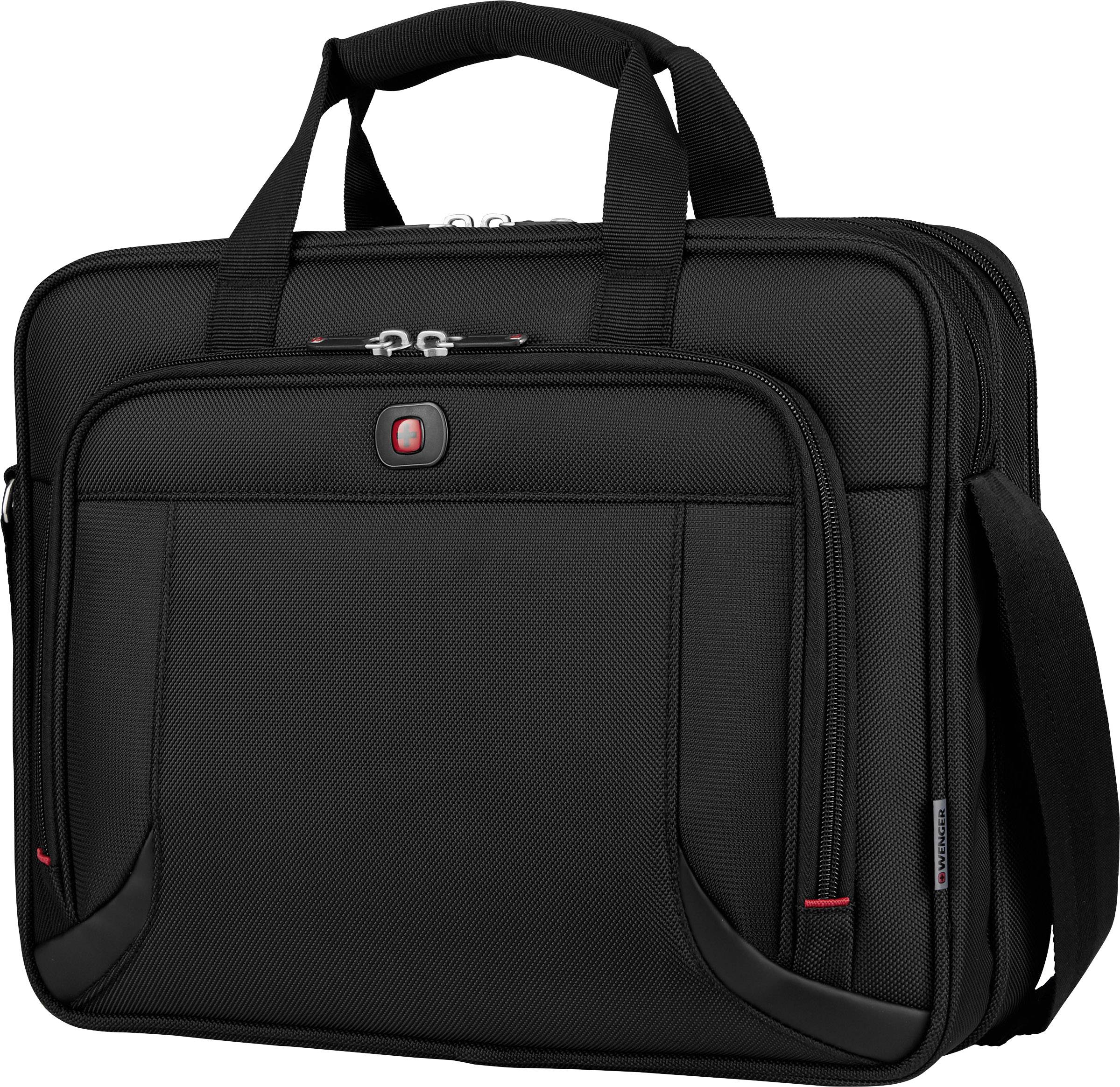 Zwarte laptoptas met twee handgrepen, meerdere vakken en een schouderriem. Geschikt voor het vervoeren van laptop en toebehoren.