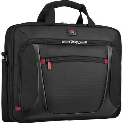 Zwarte laptoptas met handgreep en meerdere ritssluitingsvakken, rode accenten, geschikt voor het vervoeren van elektronica en toebehoren.