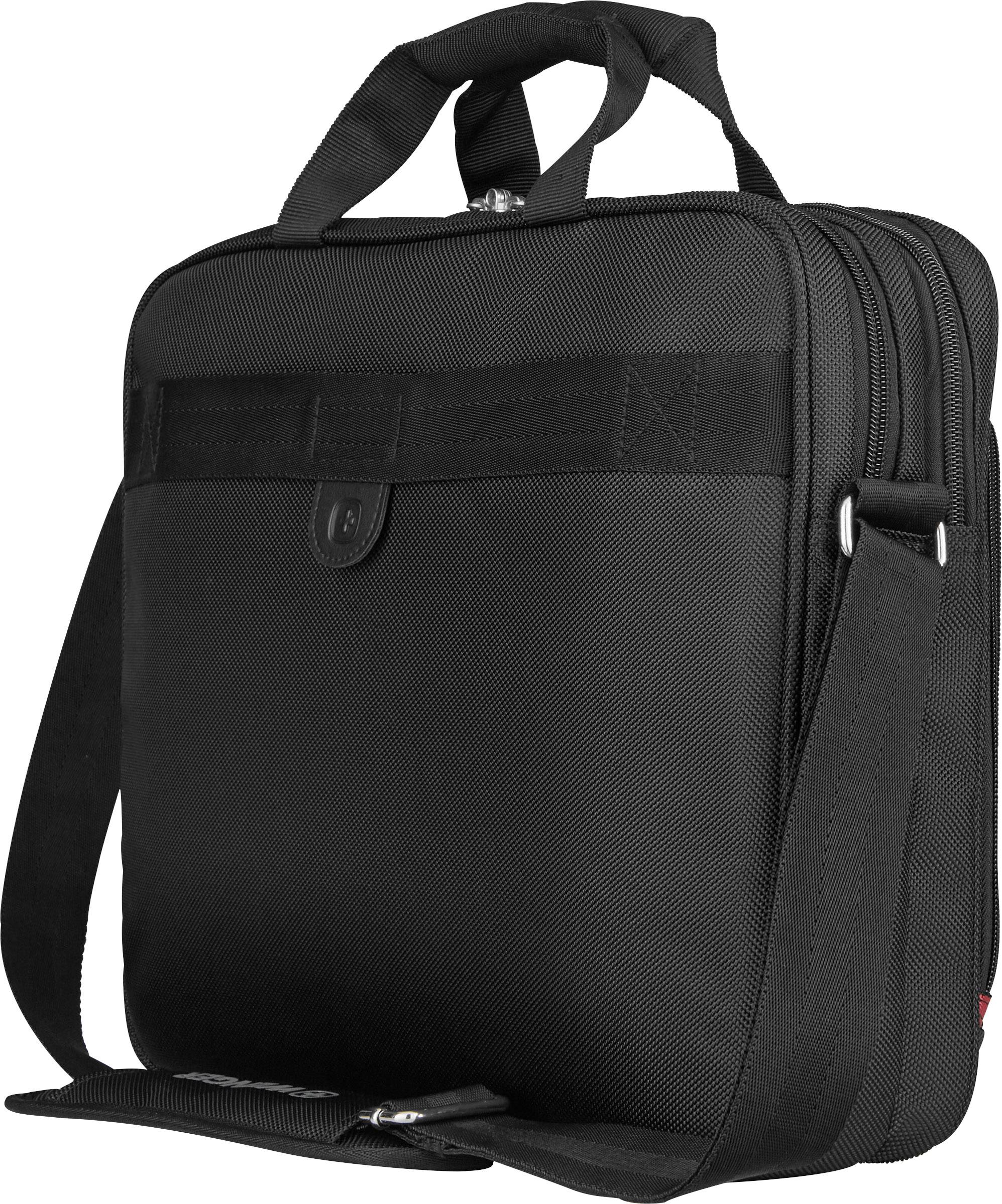 Zwarte laptoptas met meerdere vakken en een schouderriem, geschikt voor het veilig vervoeren van laptops en toebehoren.
