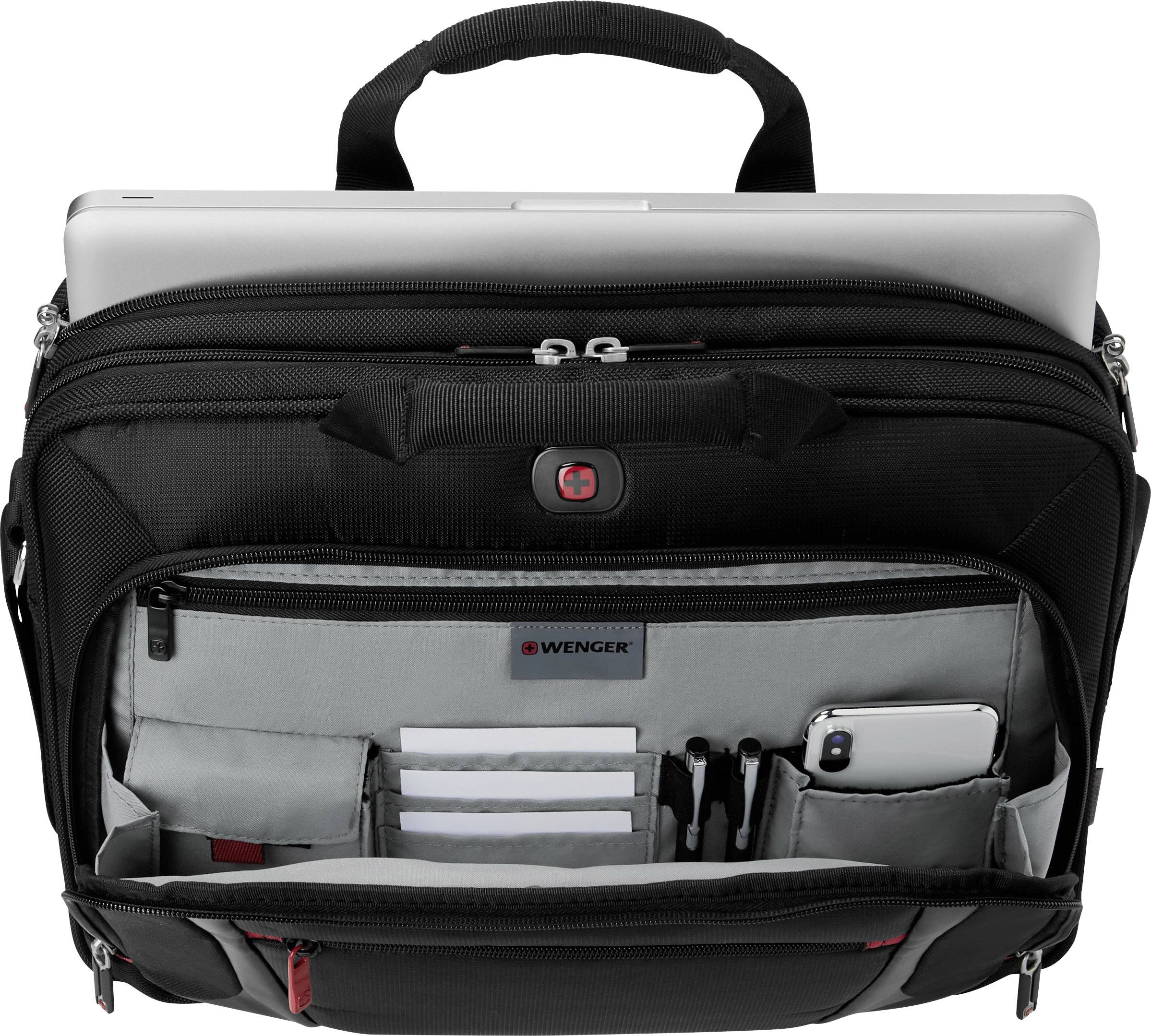 Zwarte laptoptas, bovenaan open, toont laptop en meerdere georganiseerde vakken met pennen en een smartphone.