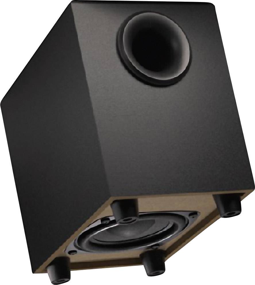 Een zwarte subwoofer in schuine weergave toont de zichtbare luidspreker en de bassreflex-opening bovenaan.
