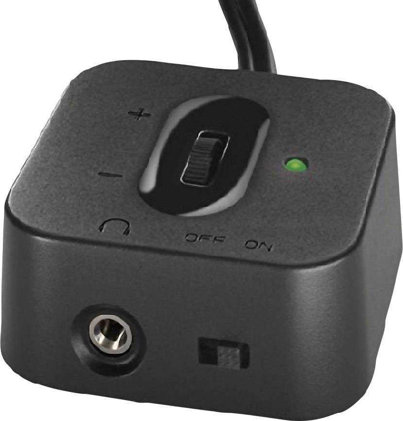 Een zwarte schakelaar met een handgreep en een groene LED-indicator. De schakelaar heeft posities voor 'Aan' en 'Uit' en een volumeregelaar.
