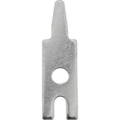 Een plat, metallisch voorwerp met een gat in het midden en een inkeping onderaan. Mogelijk een gereedschap of bevestigingsonderdeel.