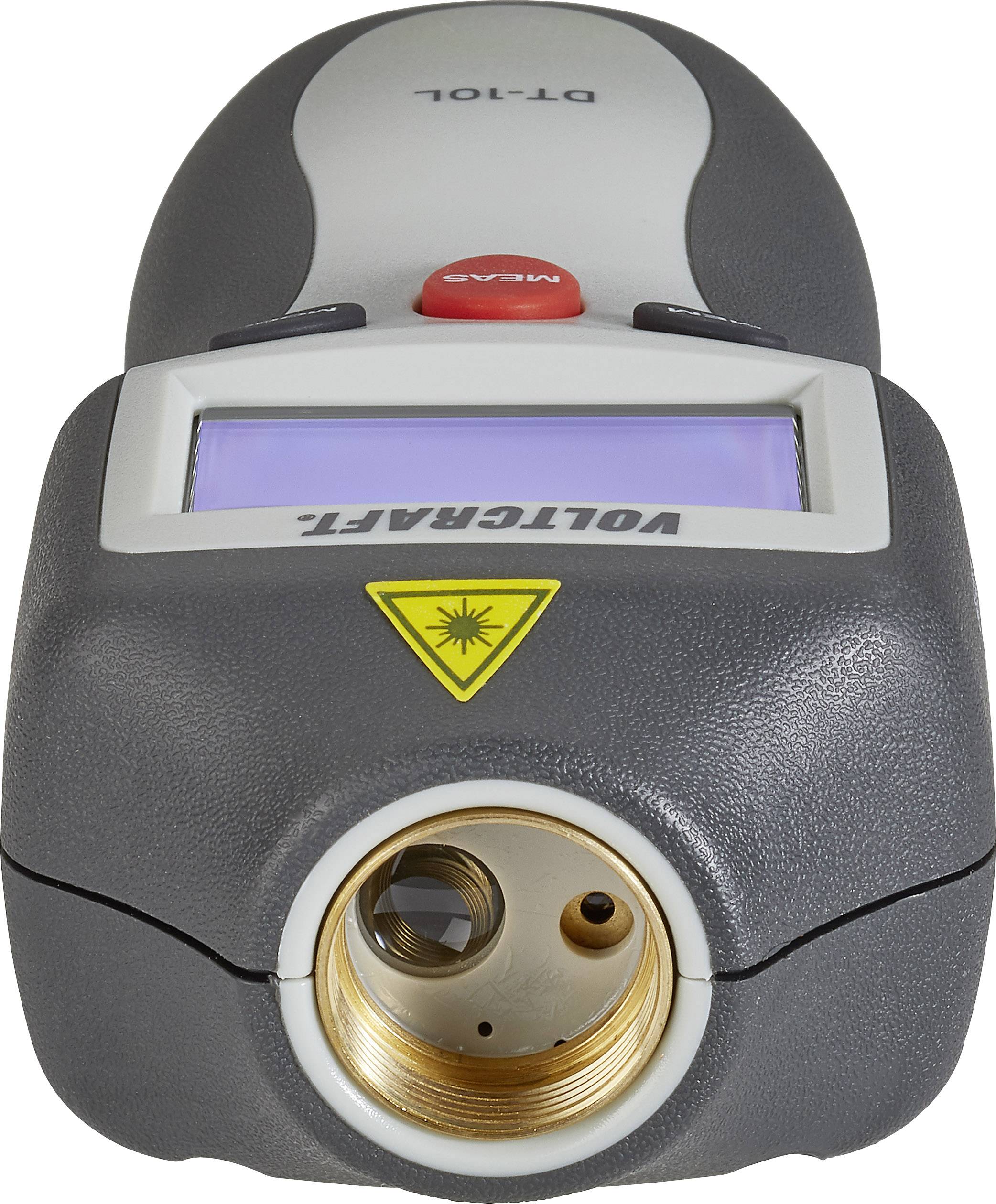 Een digitale infrarood-thermometer met display, modelnummer 'DT-101', voor temperatuurmeting, met een geel laserwaarschuwingsteken.