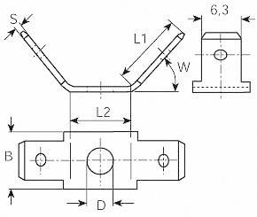 Technische tekening van een metalen hoekprofiel met afmetingen en boorgaten. Toont verschillende aanzichten met labels L1, L2, B, D en W.