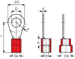 Technische tekening van een onderdeel met voor- en zijaanzicht. Afmetingen zijn gemarkeerd met D, R, L, S, T, D4, D6.