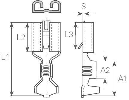 Technische tekening van een connector, afmetingen: L1, L2, L3, S, A1, A2. Toont gedetailleerde aanzichten en maatvoering van het onderdeel.