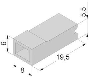 Technische tekening van een rechthoekig onderdeel. Afmetingen: 8 mm breedte, 6 mm hoogte, 19,5 mm lengte, 5,5 mm bovenhoogte.