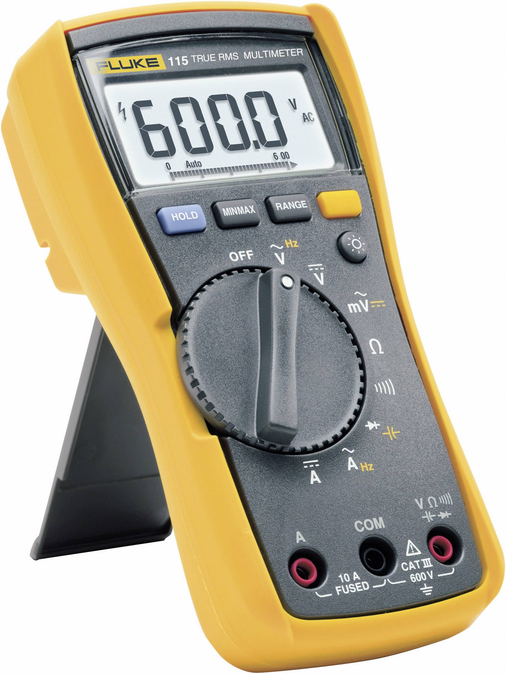 Een geel multimeter met display toont '600.0'. Het heeft een draaiknop voor verschillende meetmodi. Merknaam 'Fluke' bovenaan zichtbaar.