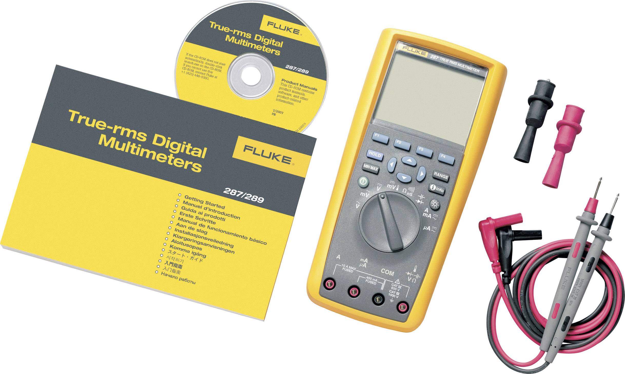 Een digitaal multimeter met een gele behuizing, een handleiding en een installatie-cd. Twee meetkabels in het zwart en rood zijn eveneens afgebeeld.