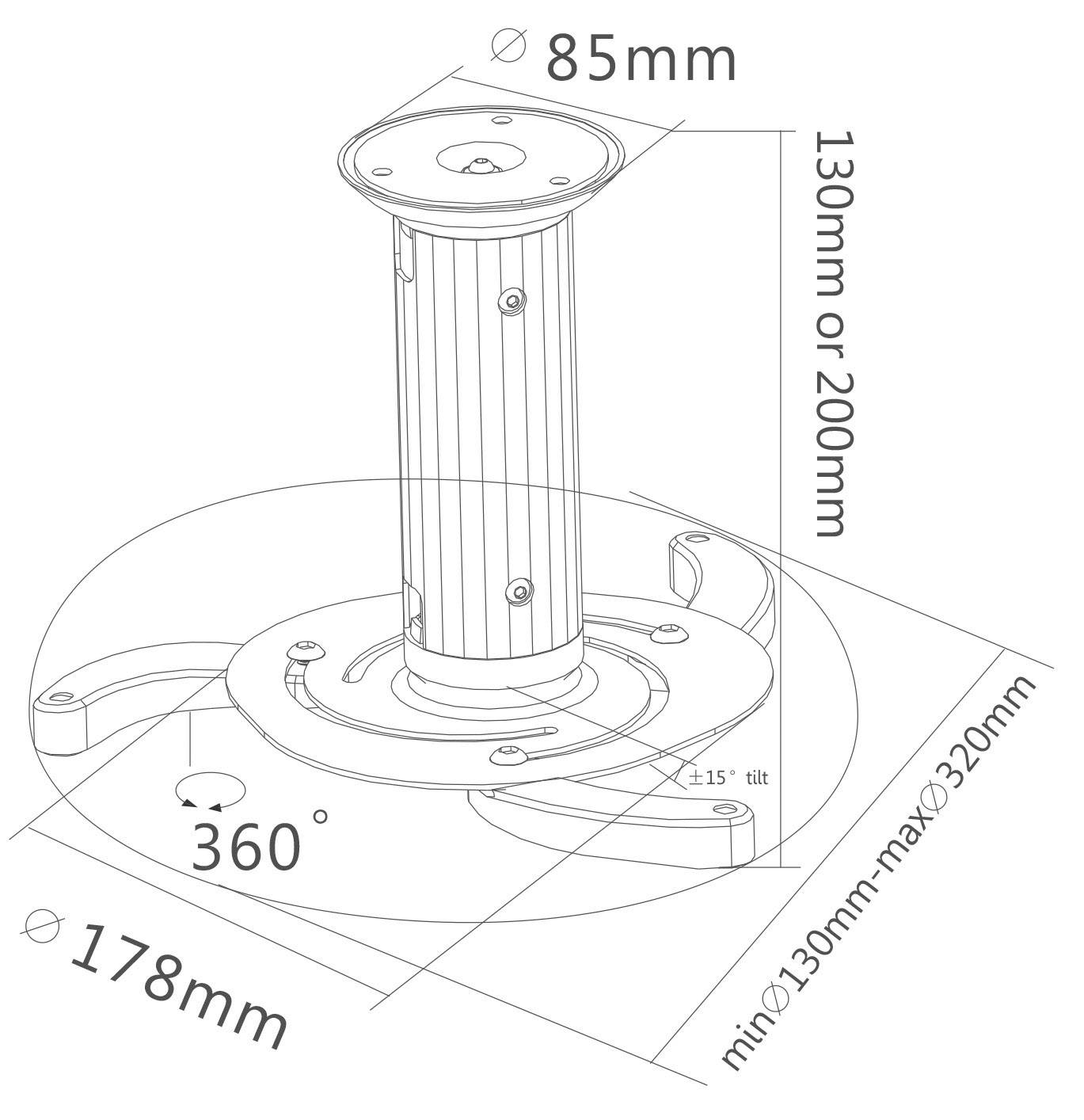 Diagram van een verstelbare plafondbeugel. Hoogte: 130-200mm, diameter: 85mm. 360 graden draaibaar, 15 graden kantelbaar.